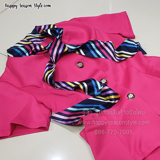 ชุดพนักงาน ชุดแอร์ ชุดยูนิฟอร์ม พนักงานต้อนรับ พีอาร์ ผ้าพันคอลายริ้ว สีชมพู ⚡️ส่งไวจากไทย