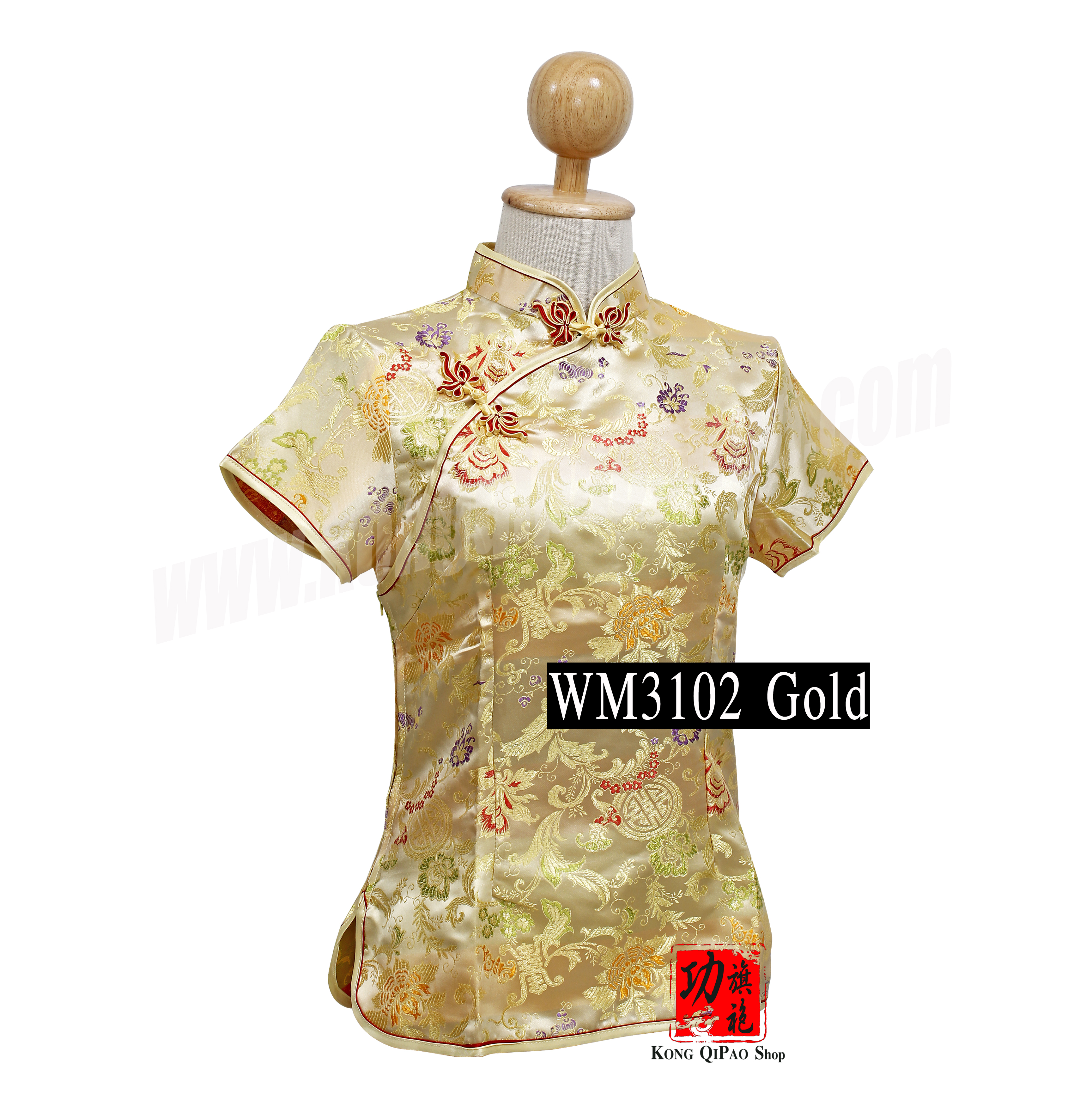 WM3102 เสื้อจีนผู้หญิง คอเฉียง ลายดอกโบตั๋นและสัญลักษณ์จีน