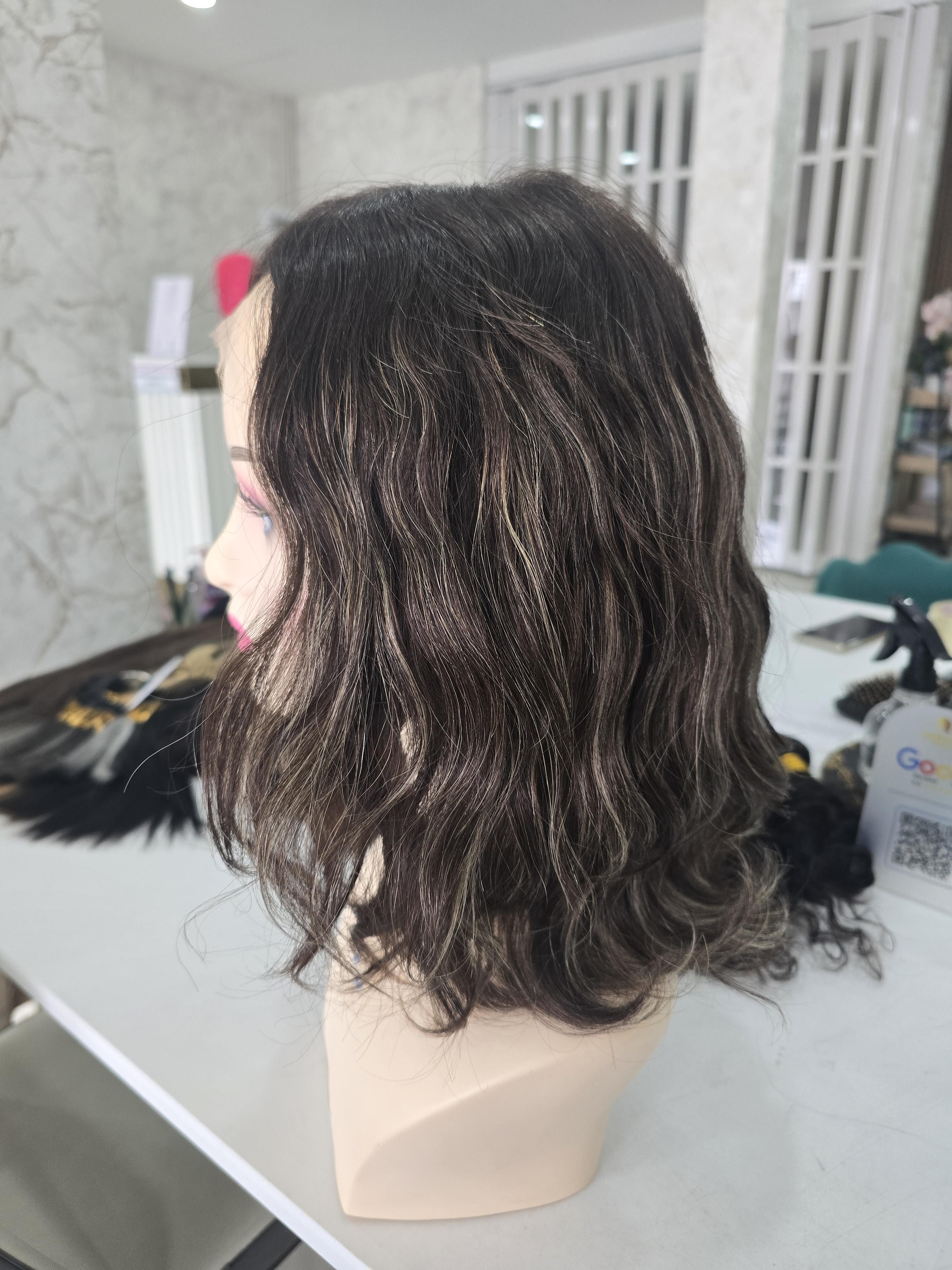 วิกผมแท้ทอมือ งานพรีเมี่ยม เสยแสกเนียนมาก ไม่ต้องใช้กาว สีน้ำตาลไฮไลท์ Premium Human Hair Jewish Wig