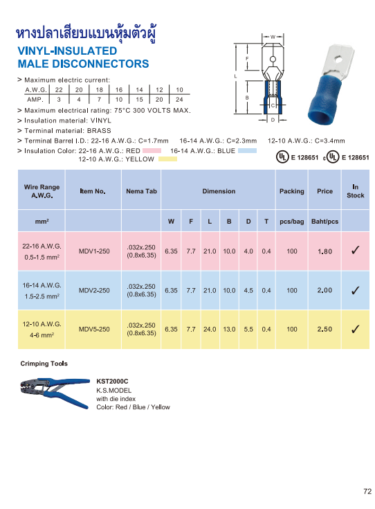 หางปลาเสียบแบนตัวผู้,VINYL-INSULATED MALE DISCONNECTORS