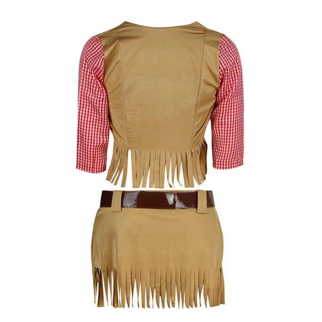 ชุดคาวบอย คาวเกิร์ล สีน้ำตาล ระบายชาย เสื้อสก๊อตแดง พร้อมหมวก