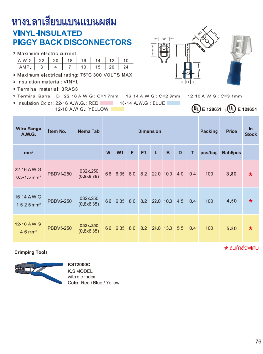 หางปลาเสียบแบนแบบผสม,VINYL-INSULATED PIGGY BACK DISCONNEECTORS