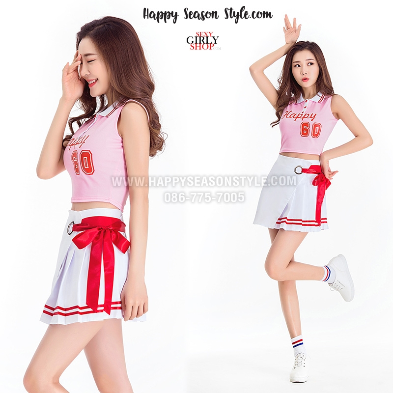 ชุดเชียร์ ชุดเชียร์ลีดเดอร์ ชุดเชียร์กีฬา ชมพู ปกโปโล แขนกุด กระดุมรูปหัวใจสีแดง กระโปรงขาว แนวเกาหลี ใส่ได้ 2 แบบ