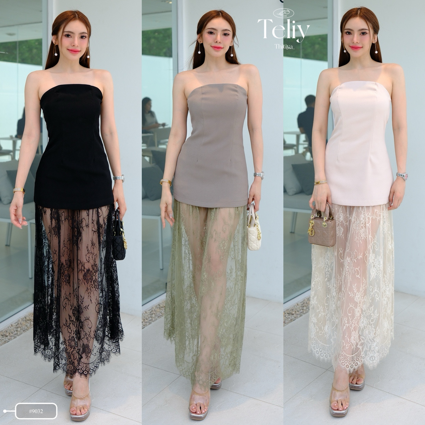 #9032 Teliy Dress เดรสเกาะอกผ้าพรีเมี่ยมซับในทั้งตัว แต่งชายลูกไม้ ทรงสวย งานซิปซ่อน thitiya