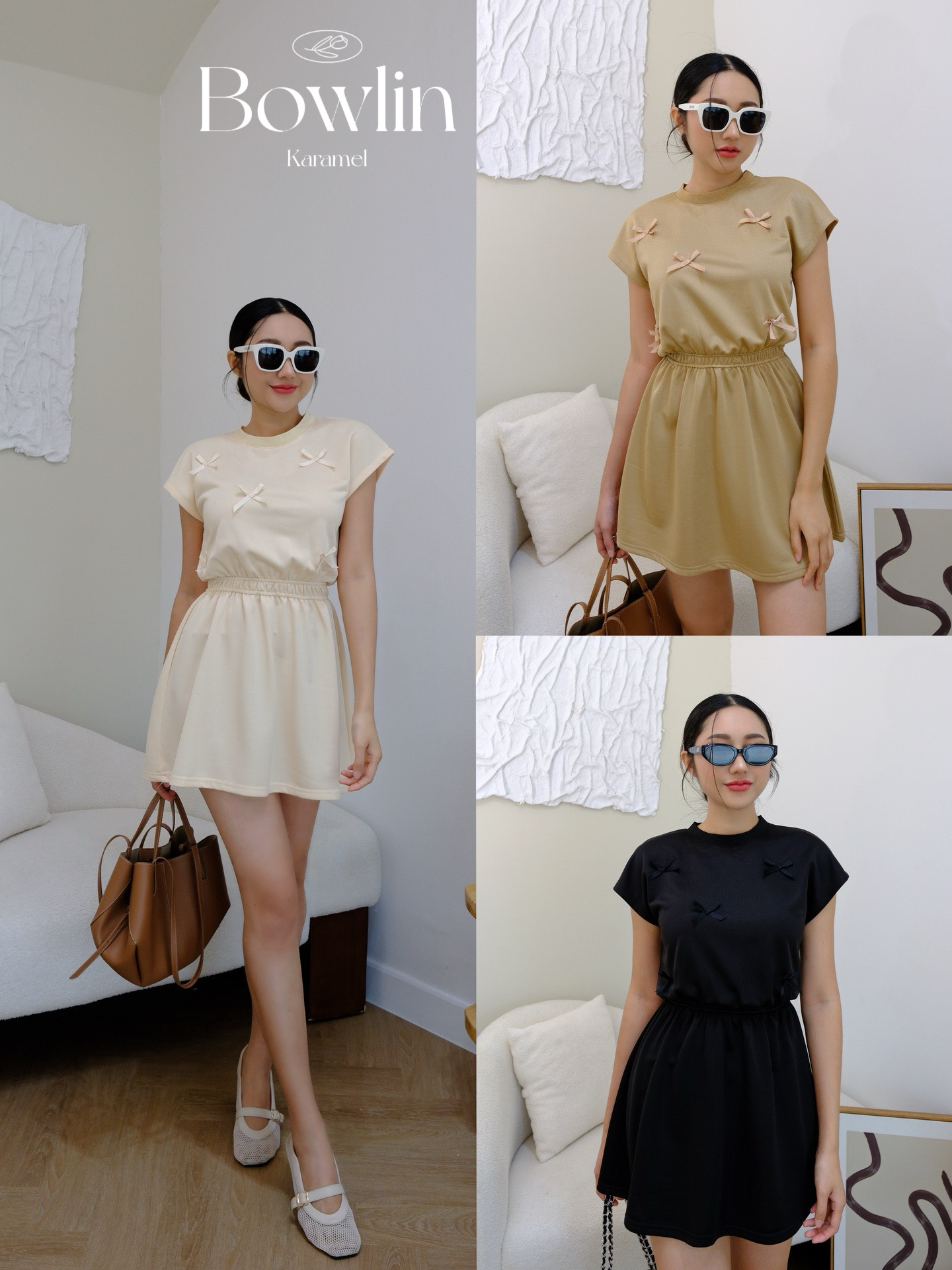 Bowlin Dress เดรสEveryday look ใส่ได้ทุกวัน ผ้าคอตต้อนเด้งสวย แต่งติดโบว์ด้านหน้าเพิ่มความแกลม Karamel