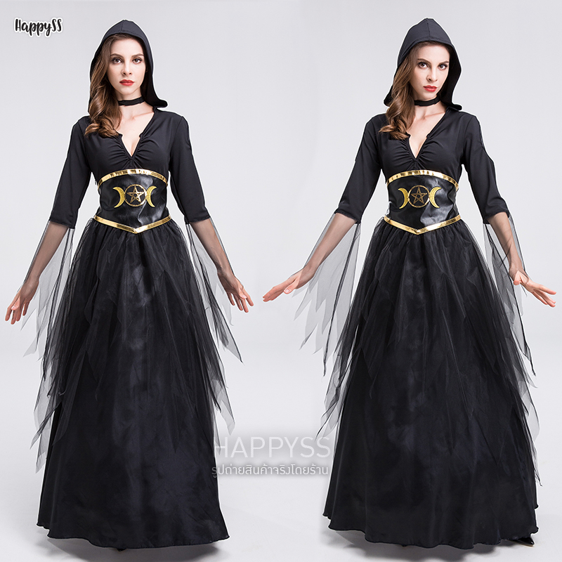 🔮ชุดมนต์ดำ ยิปซี แม่มด หมอผี เอวสกรีนสีทองรูปพระจันทร์ 🏍️💨💨ส่งไวจาก กทม.