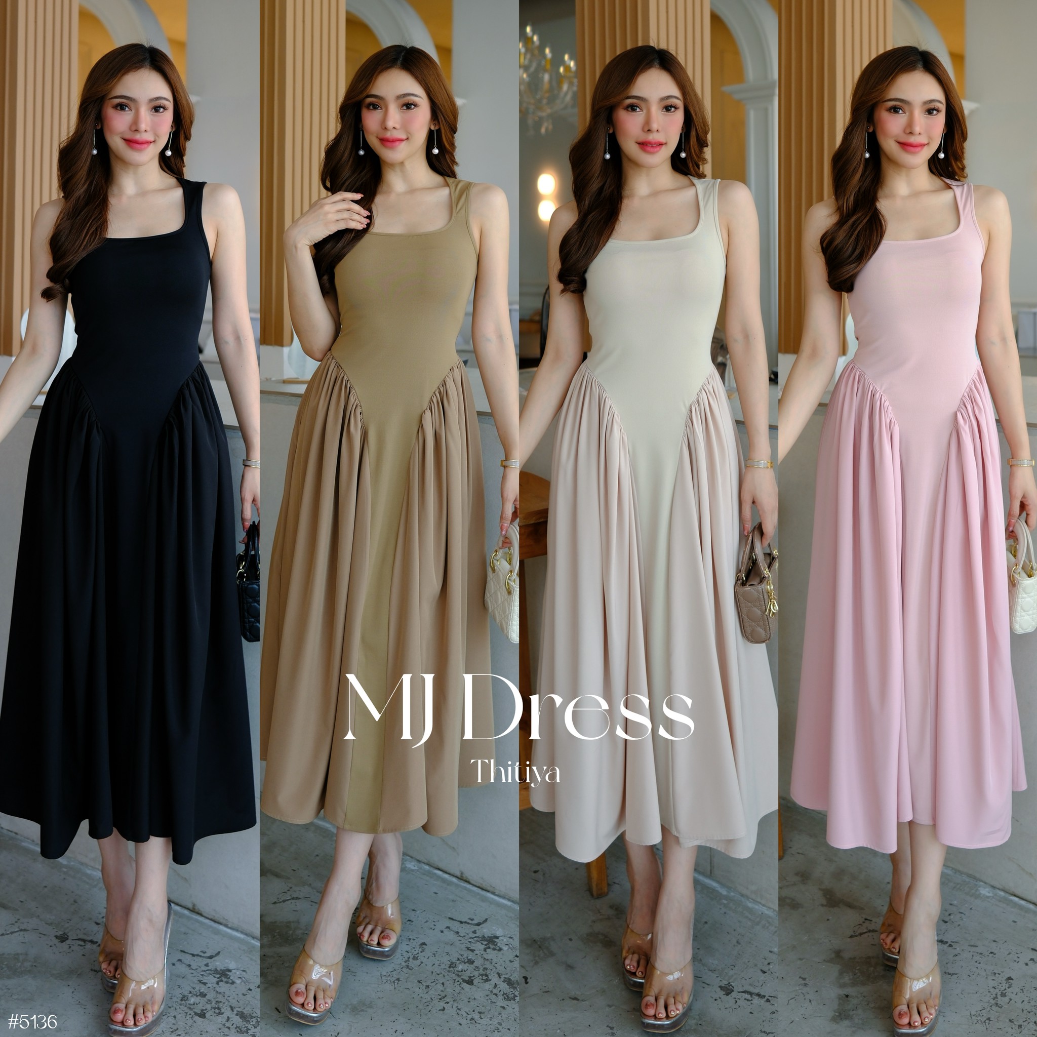 #5136 MJ Dress เดรสmidi ที่ดีไซน์สวยม้ากก ความยาวกำลังสวย ผ้าช่วงตัวมีความยืด thitiya