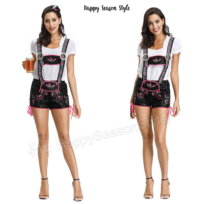 ชุดบาวาเรียน เอี๊ยมสีดำ ลายดอกไม้ พร้อมหมวกเล็กๆ ขนนก ชุดประจำชาติ เยอรมัน เนเธอร์แลนด์ ชุดเชียร์เบียร์