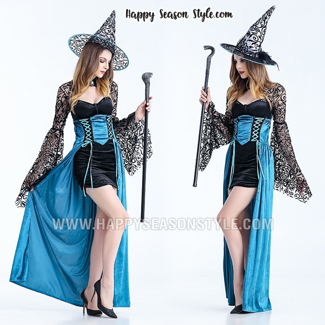 ชุดแม่มด สีฟ้าแขนลูกไม้ซีทรูดำ หมวกแหลม