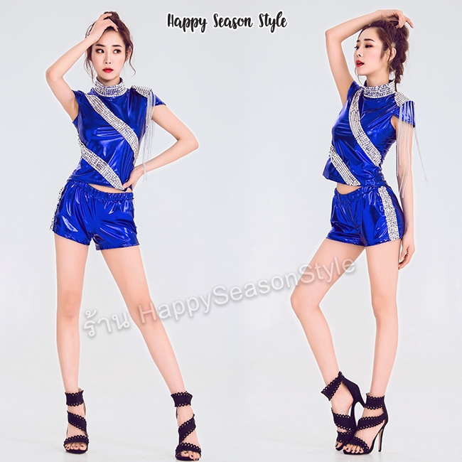 ชุดเชียร์ ชุดเชียร์กีฬา ชุดเชียร์ลีดเดอร์ สีเมทาลิค เงา กางเกงขาสั้น ไหล่แต่งโซ่ (มี 3 สีให้เลือก)