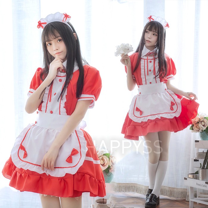 ชุดเมด maid ชุดสาวเสิร์ฟ รุ่นมีปกแยก มีไซส์ S-5XL พลัสไซส์ มีสีดำ สีแดง ส่งจากไทย