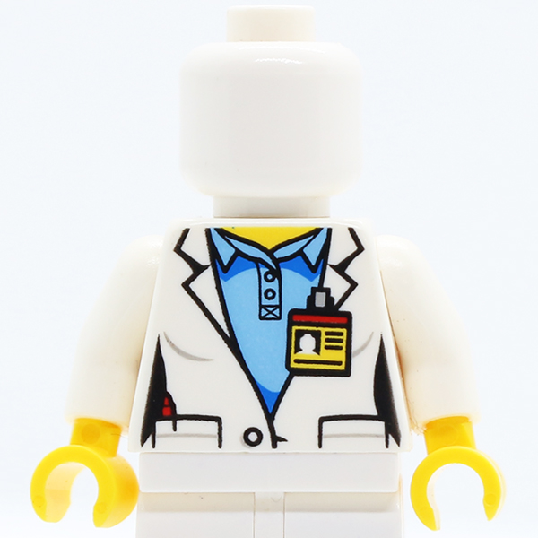 Female Lab Coat over Medium Blue Shirt, ID Badge on Front, Space Shuttle Logo on Back Pattern / White Arms / Yellow Hands