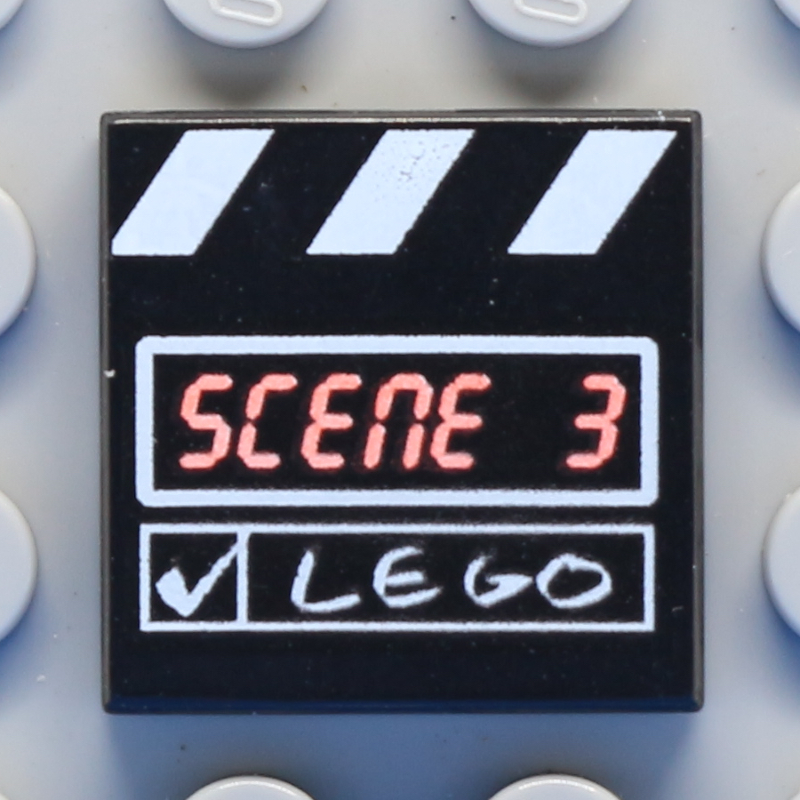 Tile 2 x 2 with Groove with 'SCENE 3' and White 'LEGO', Check Mark and Stripes Film Slate Pattern