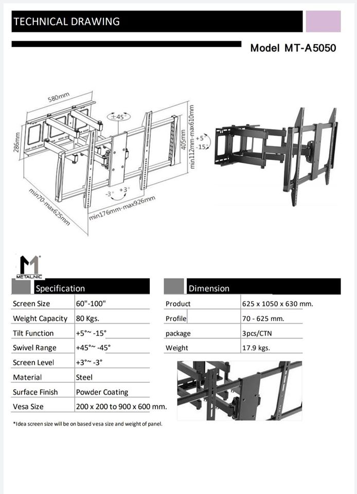 JMTVSTAND MT-A5050 ขาแขวนทีวีแบบสวิงตัวใหญ่สุด ขนาด 60"-100"นิ้ว วัสดุเหล็กหนาแข็งแรง สวิง-ก้ม/เงยได้0964746498