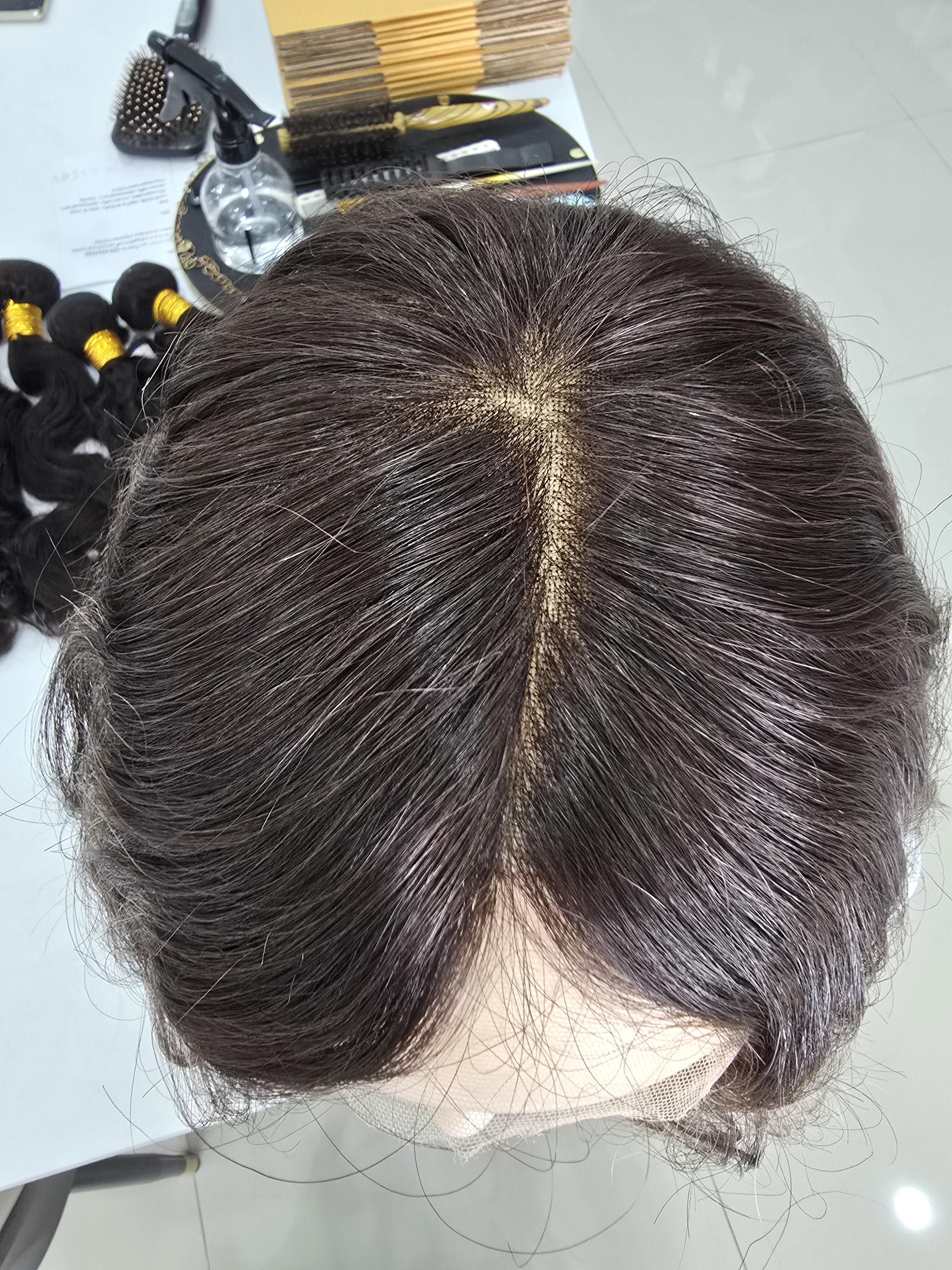 วิกผมแท้ทอมือ งานพรีเมี่ยม เสยแสกเนียนมาก ไม่ต้องใช้กาว สีน้ำตาลไฮไลท์ Premium Human Hair Jewish Wig