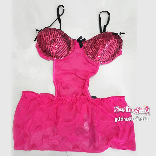 ชุดนอนไม่ได้นอน ชุดนอนซีทรู บลิ๊งค์ๆ สีชมพูสด ผ้าลายหัวใจ วาเลนไทน์