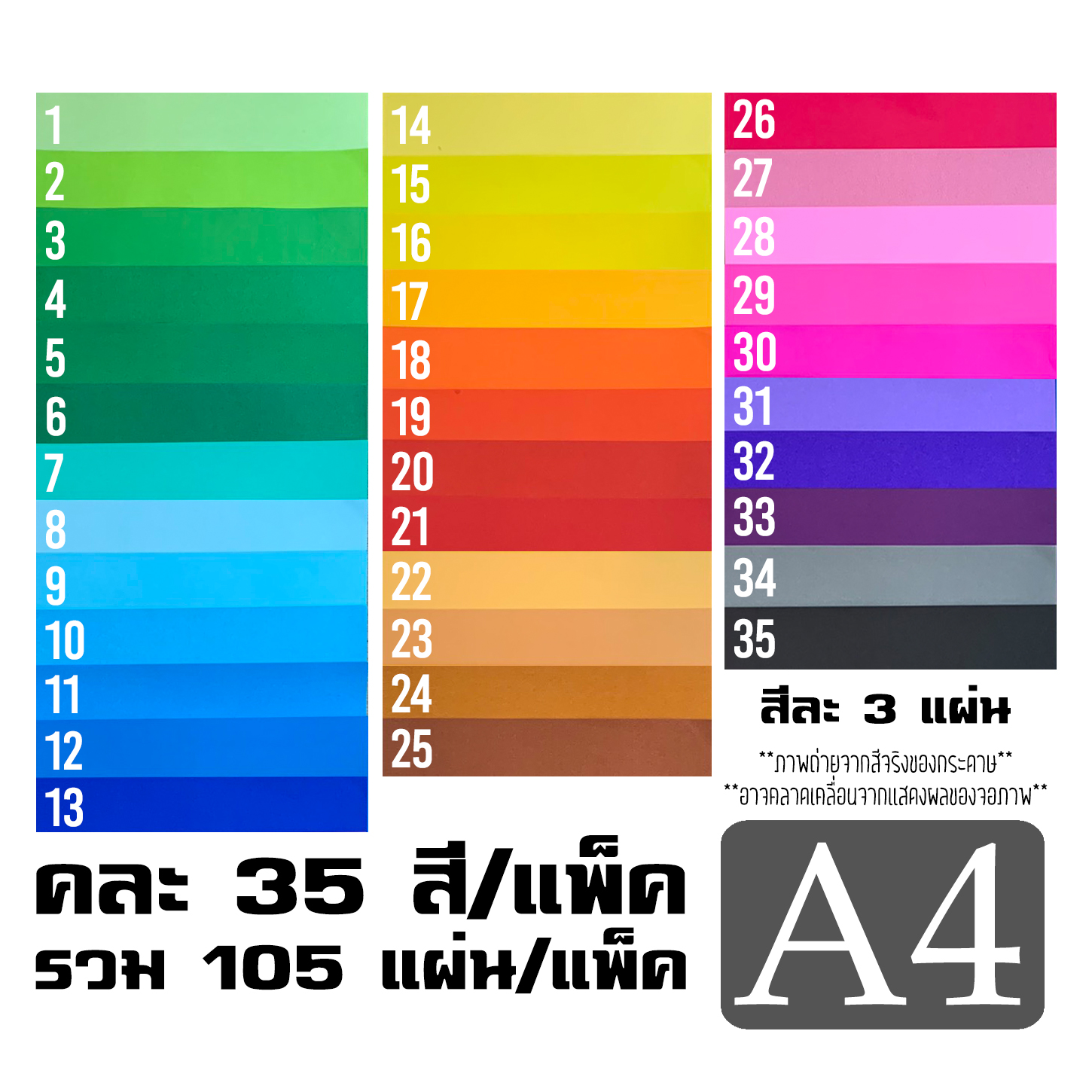 โปสเตอร์สี 2หน้า 80g ขนาด A4 **คละสี 35สี** รวมแพ็คละ 105แผ่น (สีละ3แผ่น)