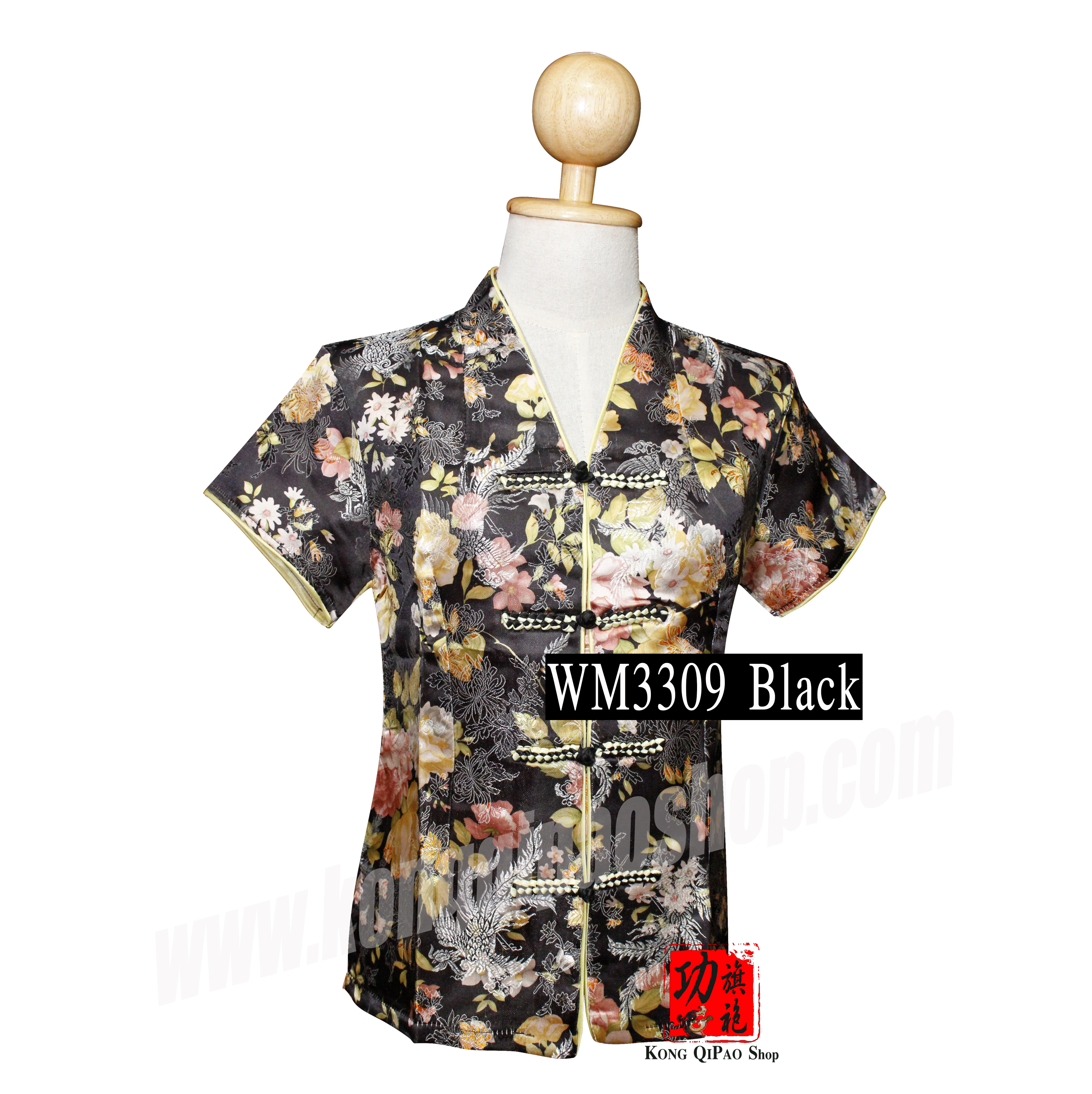 WM3309 เสื้อจีนผู้หญิง คอวี ลายหงส์และดอกโบตั๋น