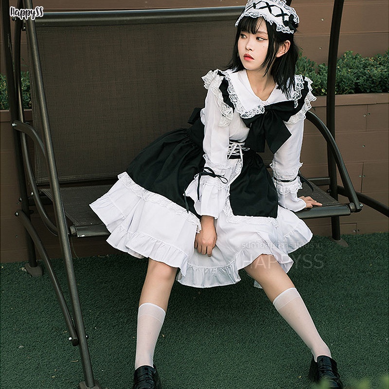 ชุดเมด งานพรีเมียม ชุดคอสเพลย์ รุ่นสีดำแขนกระดิ่งยาว พร้อมโบว์และผ้าคาดผม 🏍️💨ส่งไวจากกทม.