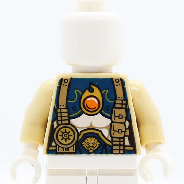 Chima Female Outline with Dark Blue and Gold Armor with Scales, Straps, Pouches and Fire Chi Emblem Pattern / Tan Arms / White Hands