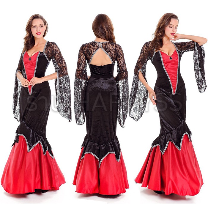 ชุดแม่มด แวมไพร์ แขนกระดิ่งลูกไม้ กระโปรงหางปลาสีแดง