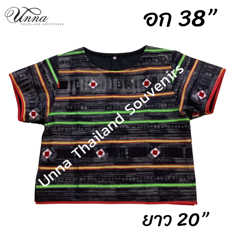 เสื้อแขนสั้น ผ้าพื้นเมือง ลายเขียนเทียนด้วยมือ งานผ้าสะสมนำมาตัดเป็นเสื้อ อัดกาวทั้งตัว อก 38“ ยาว 20“