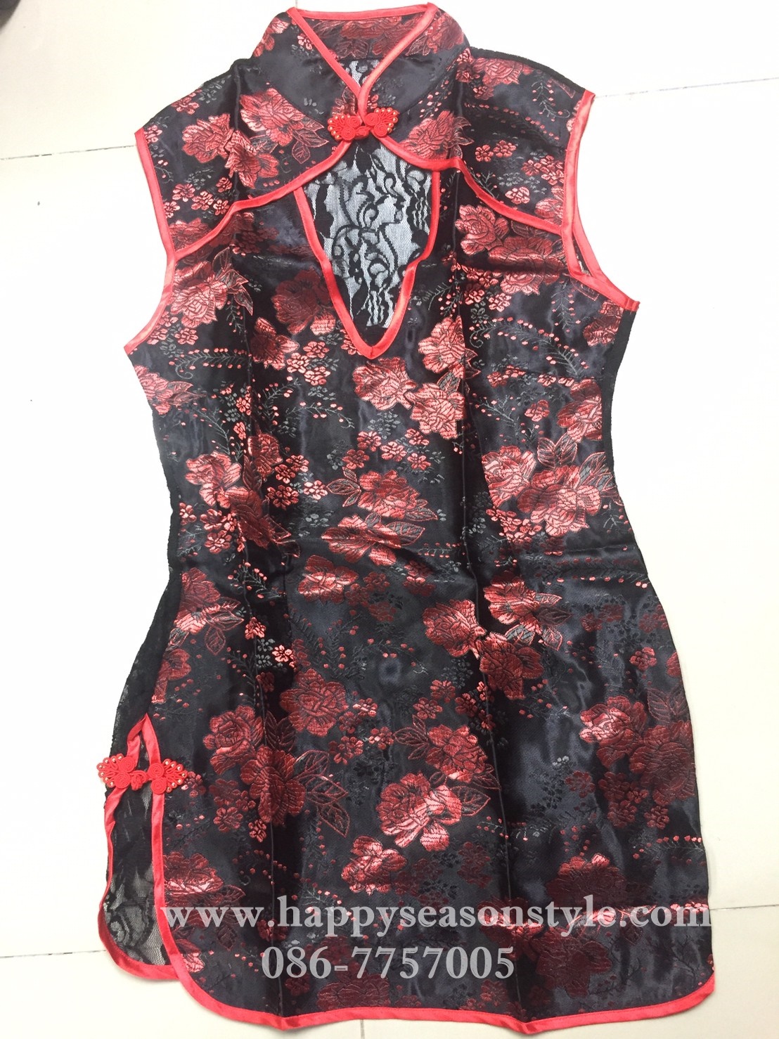 ชุดแฟนซี ชุดคอสเพลย์ พีอาร์ ชุดพริตตี้ - ชุดกี่เพ้า สาวเอเซีย สีดำดอกเล็กๆ กุ๊นสีแดง