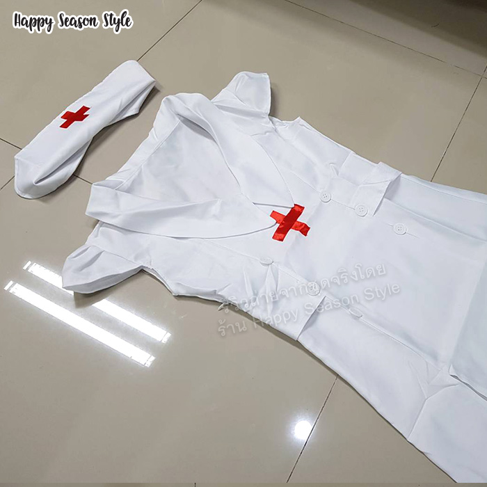 ชุดพยาบาล เดรสขาว กระดุมคู่ + หมวก