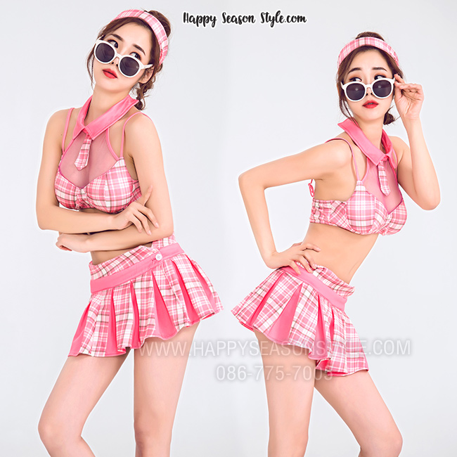 ชุดพีอาร์ พริตตี้ ทูพีช กระโปรงจีบรอบตัว แนววินเทจ เกาหลี สีชมพูลายสก๊อต พร้อมผ้าโพกหัว