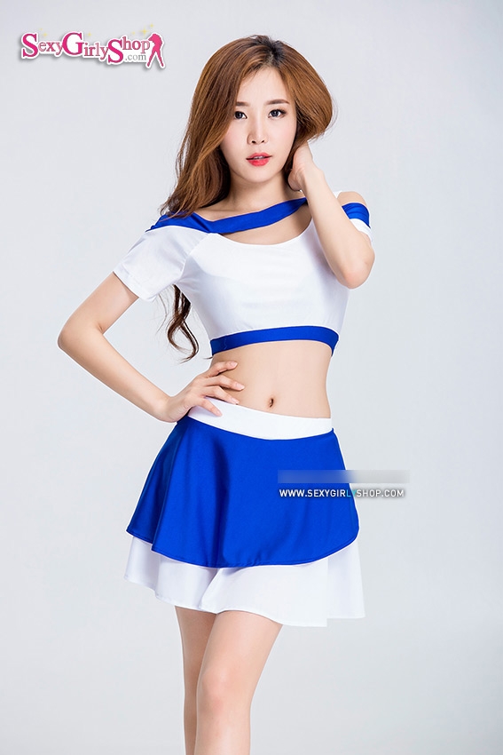 ชุดเชียร์กีฬา เสื้อเอวลอย กระโปรง ขาวน้ำเงิน