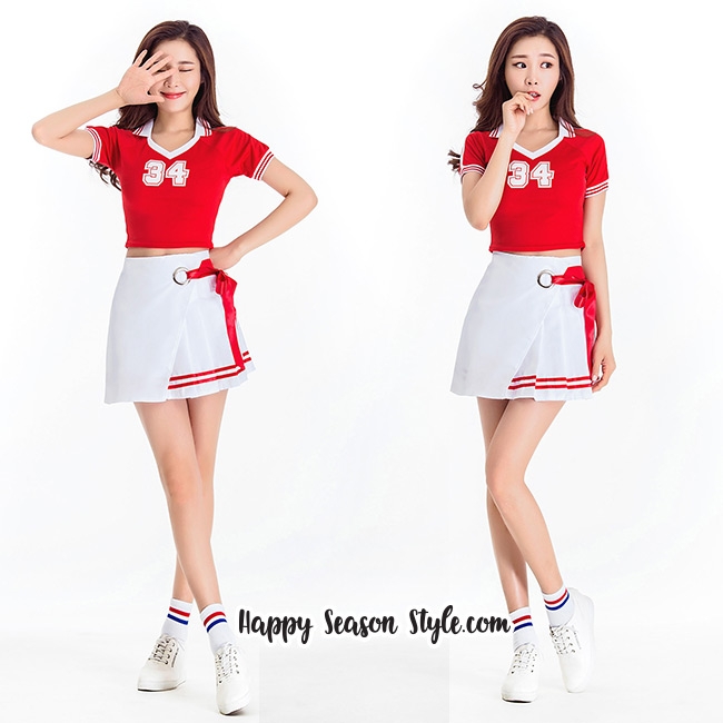 ชุดเชียร์ เชียร์ลีดเดอร์ ชุดเชียร์กีฬา สีแดงกระโปรงขาว แนวเกาหลี วง WJSN เพลง HAPPY MOMENT เสื้อแดง