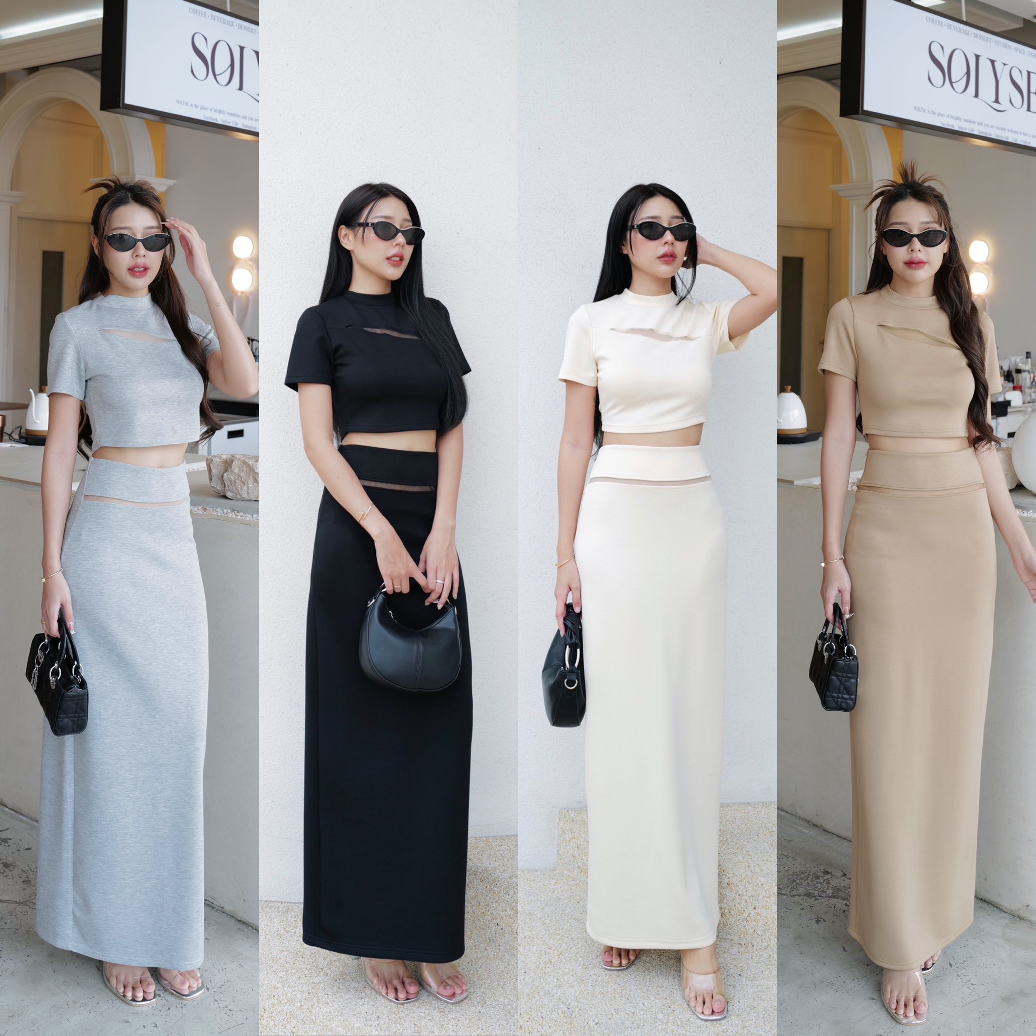 #5011##eve ชุดแซ็ทเสื้อครอป+กระโปรงสวยเรียบ ดูสวยแพงสุด เนื้อผ้าตัวนี้นิ่มยืด