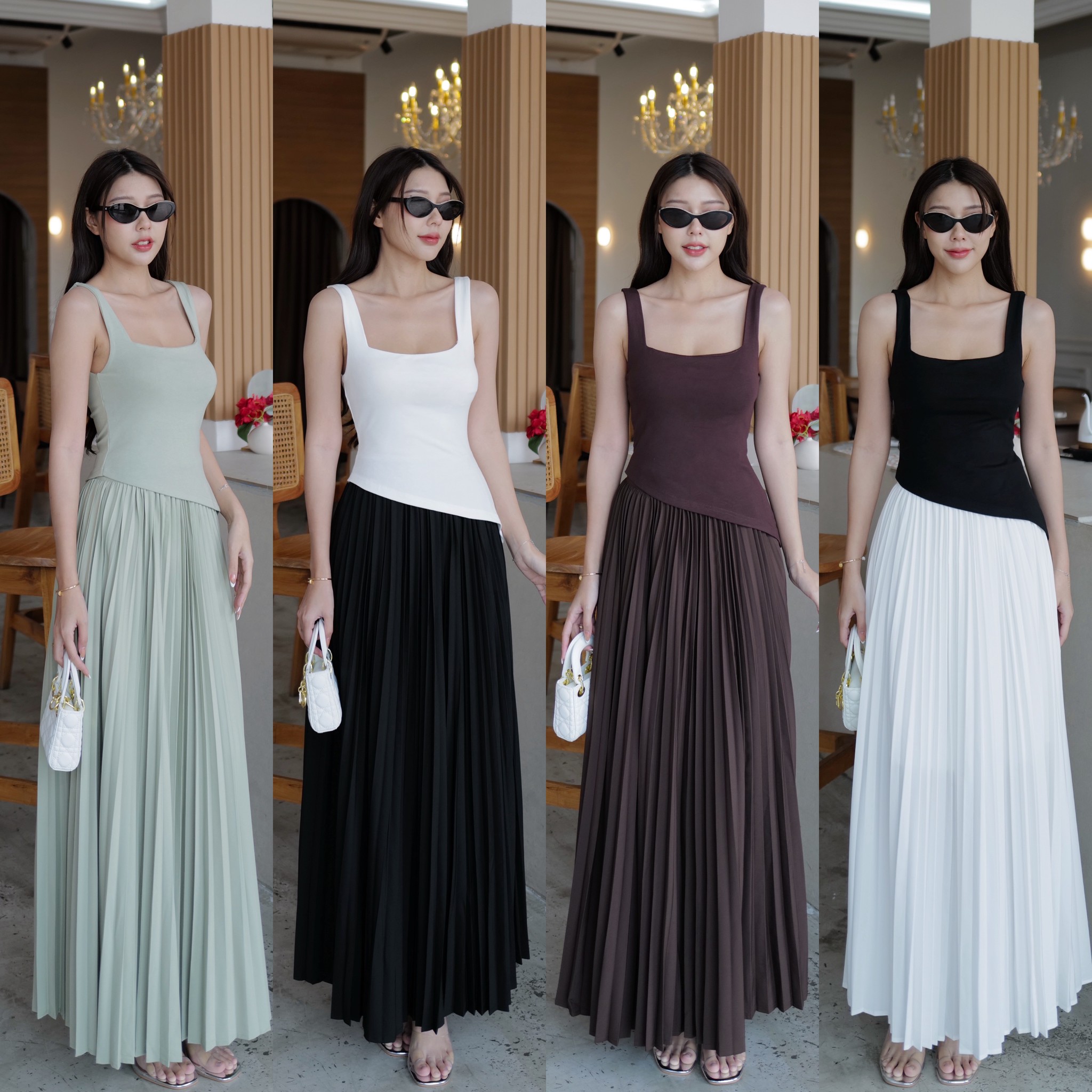 #9852 ชุดเชต เสื้อกล้ามคอเหลี่ยมทรงเฉียง+กระโปรงยาวอัดพีท intuon