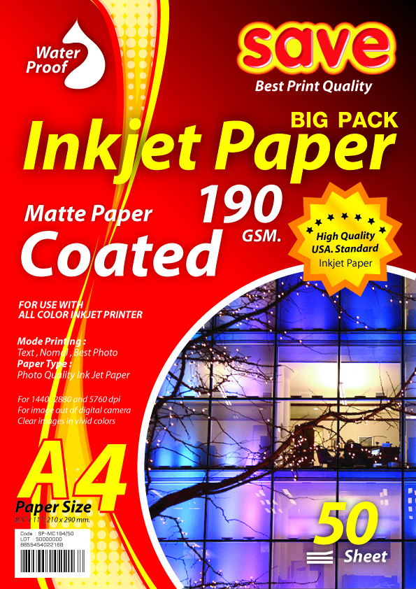 กระดาษโฟโต้ A4 ผิวด้าน Matte 190g (แพ็ค100แผ่น)
