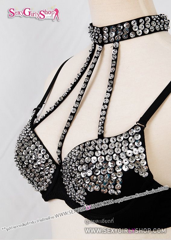 บราแฟนซี บราแซ่บต่อคอสามเส้น ปักเลื่อมสีเงิน