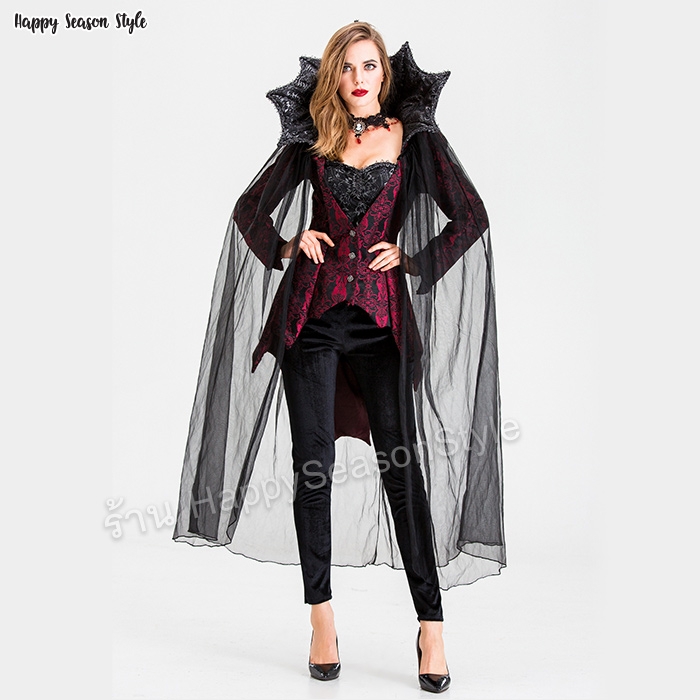 ชุดเจ้าแวมไพร์ ยุโรปคลาสสิค สีแดงไวน์ ปกตั้งแต่งลูกไม้ มีผ้าคลุมในตัว พร้อมเครื่องประดับหรู
