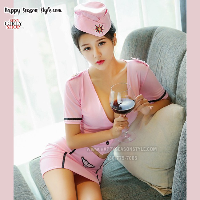 ชุดพนักงาน ชุดแอร์ ชุดยูนิฟอร์ม ชุดพนักงานต้อนรับ ชุดแอร์สีชมพู เอวลอย พร้อมหมวก