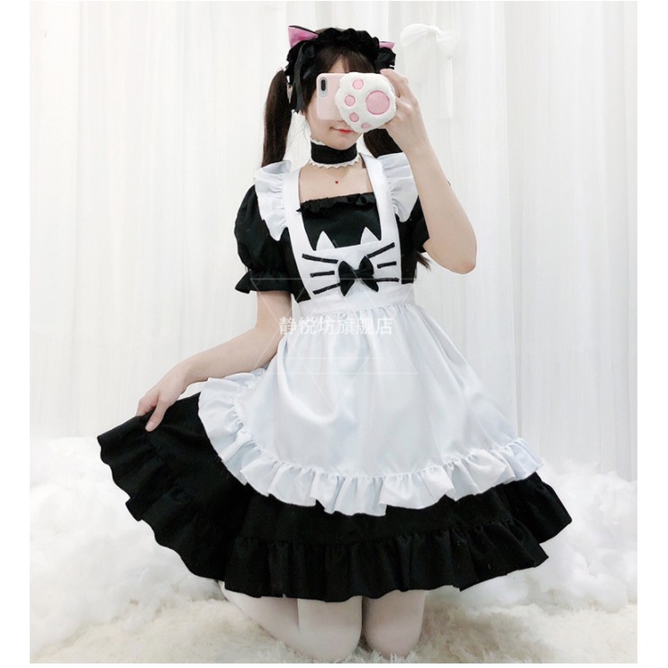 ชุดแม่บ้าน ชุดเมด ชุดเมดแมว ปักหนวดแมวที่อก สีขาวดำ พร้อมที่คาดผม