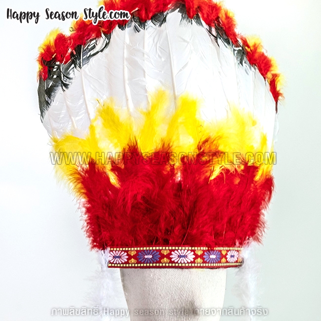 หัวอินเดียแดง หัวชนเผ่า หัวขนนก ที่คาดผมอินเดียแดง ขนแน่นขาวแดงคาดเหลือง