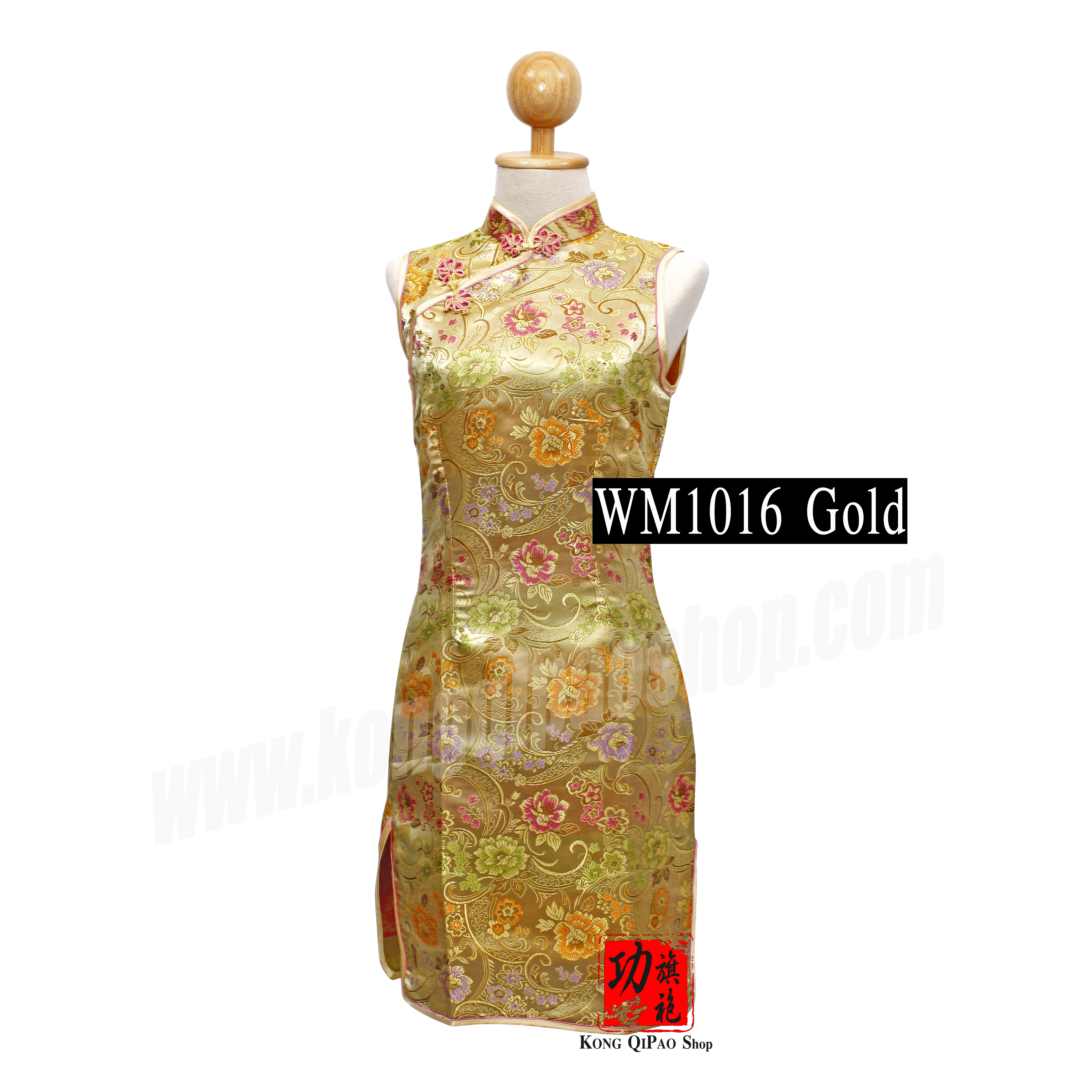 WM1016 กี่เพ้าสั้นแขนกุดผู้หญิง ลายดอกโบตั๋น