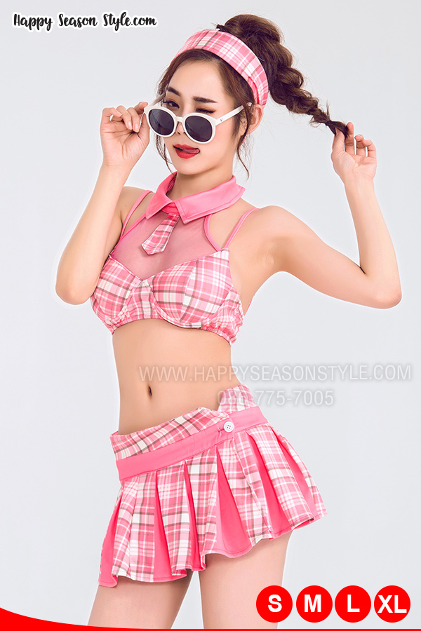 ชุดพีอาร์ พริตตี้ ทูพีช กระโปรงจีบรอบตัว แนววินเทจ เกาหลี สีชมพูลายสก๊อต พร้อมผ้าโพกหัว