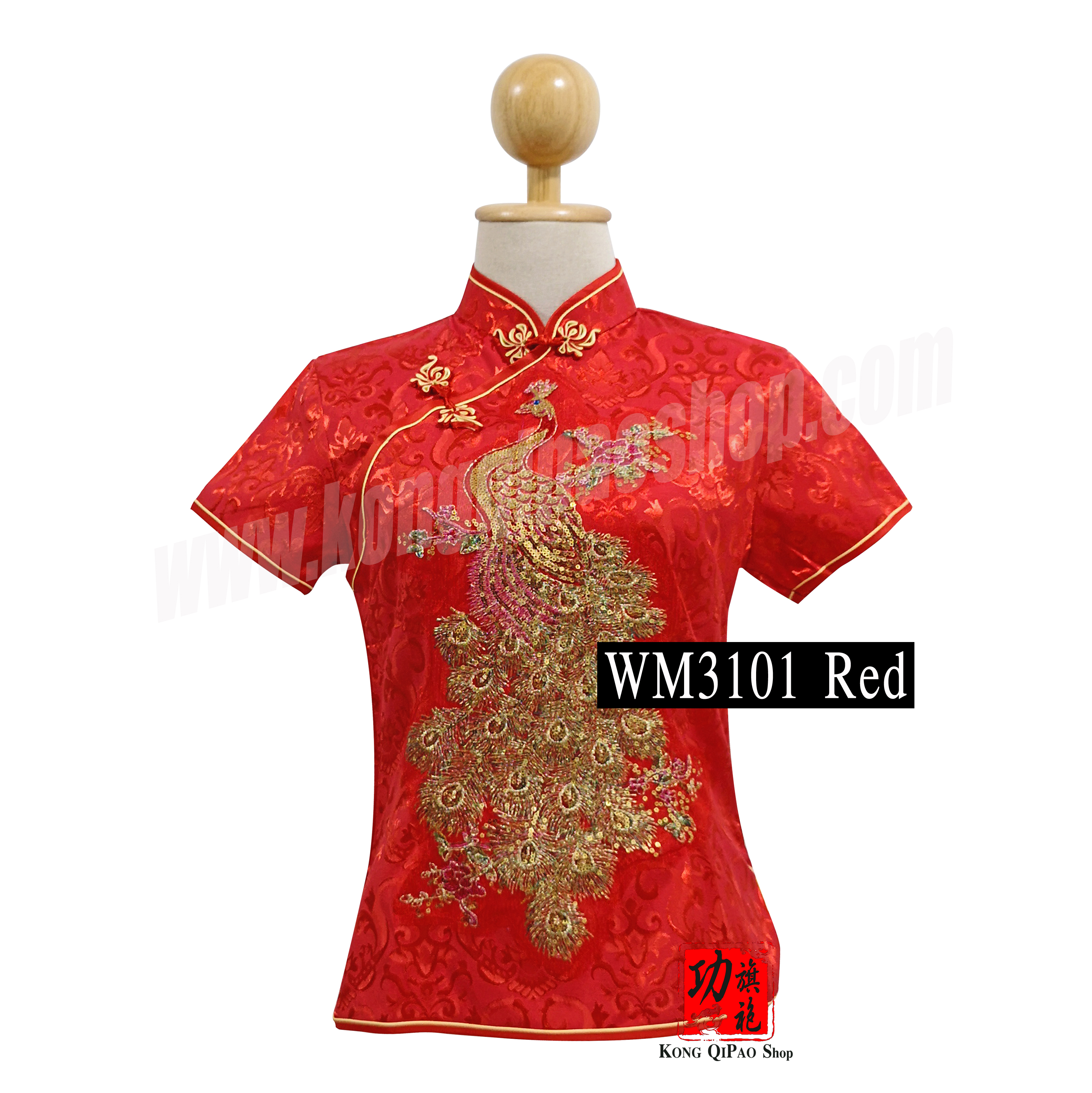 WM3101 เสื้อจีนผู้หญิง คอเฉียง ลายนกยูง