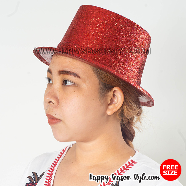 หมวกแฟนซี หมวกมายากล ทรงปีกเล็ก โรยกากเพชร สีแดง