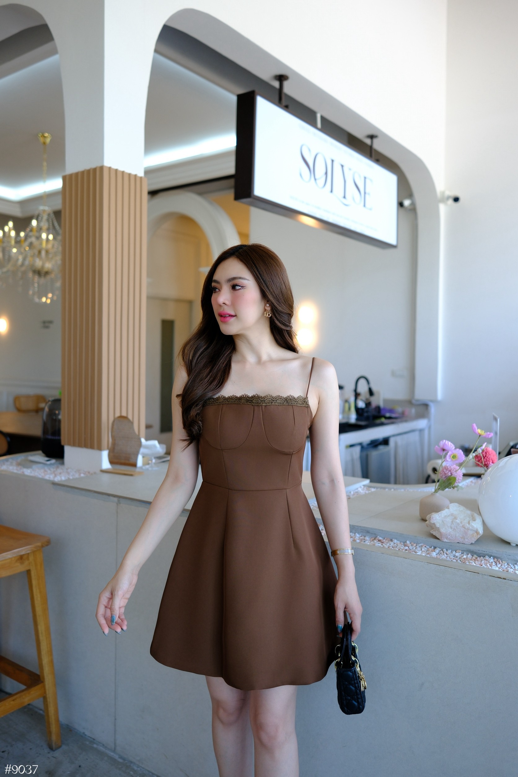 #9037 Cinta dress เดรสสั้นสายเดี่ยวสายปรับได้ ทรงสวยผ้าดี แต่งลูกไม้ขอบ อก บน thitiya