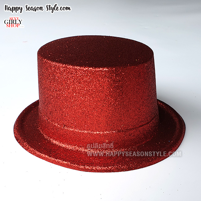 หมวกแฟนซี หมวกมายากล ทรงปีกเล็ก โรยกากเพชร สีแดง