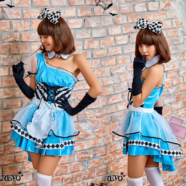 ชุดอลิซ อินวันเดอร์แลนด์ Alice in wonderlandไหล่เดี่ยว + แลคกิ้งขาวดำ