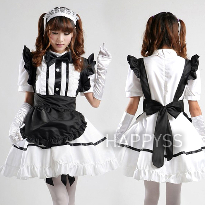 ชุดเมดขาว ผ้ากันเปื้อนไหล่ตั้งสีดำ ส่งไวจากไทย