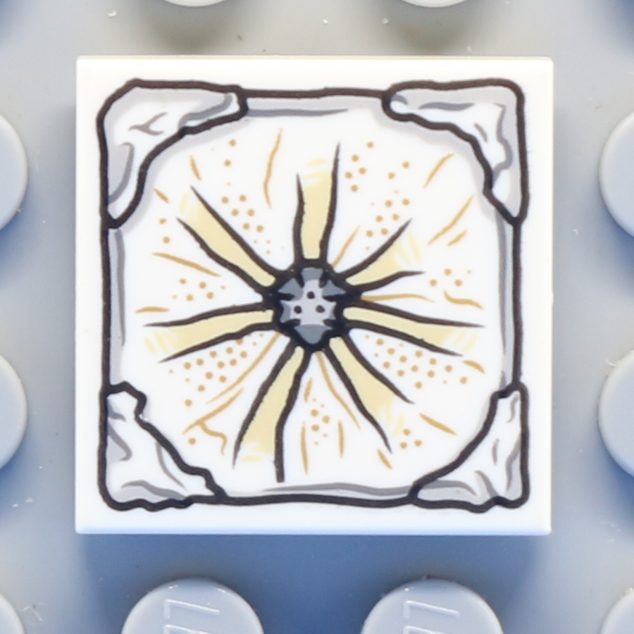 Tile 2 x 2 with Groove with Gray Stone Center and Edges and Tan and Brown Lines Radiating from Center Pattern (Aquaman Mother Box Top)