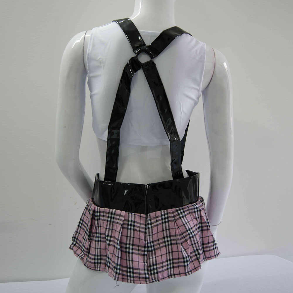 ชุดนักเรียนเสื้อขาวเอวลอย กระโปรงสก๊อตชมพู เอี้ยมหนังดำ