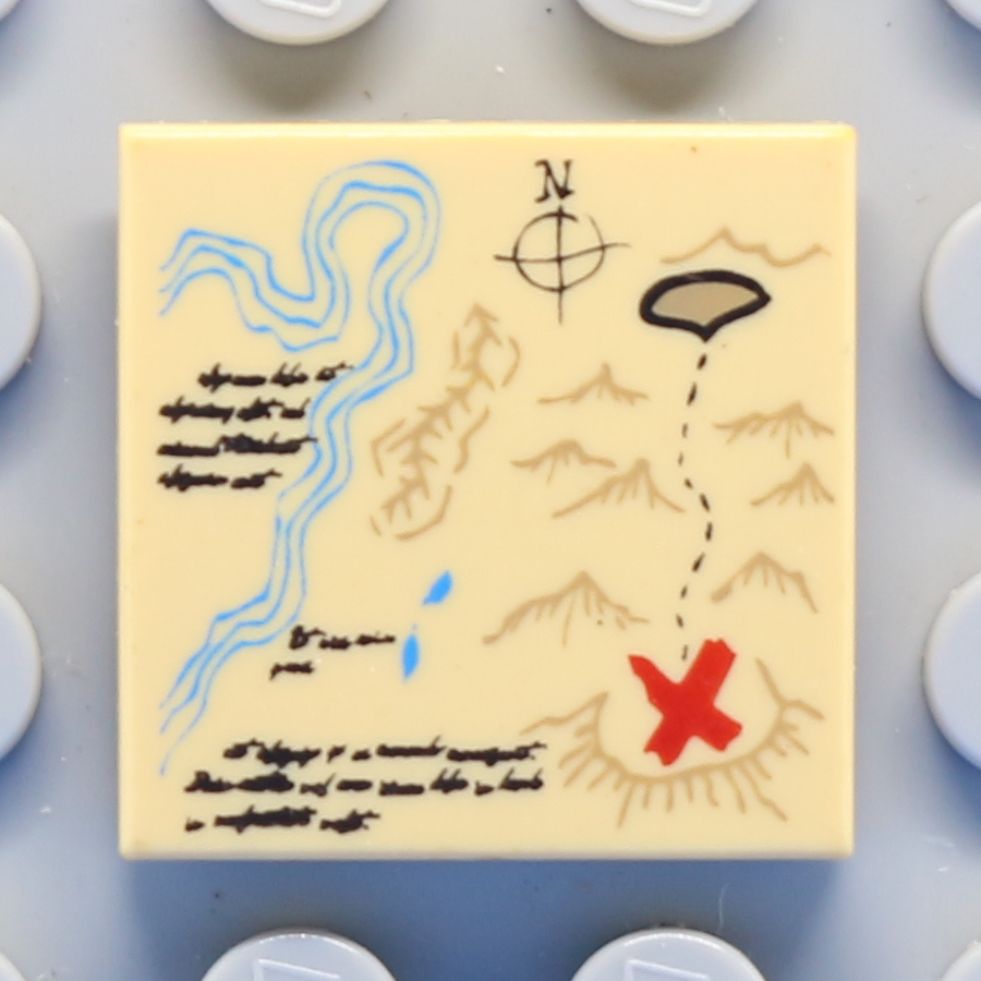 Tile 2 x 2 with Groove with Map River, Dark Tan Mountains, Handwriting and Red 'X' Pattern